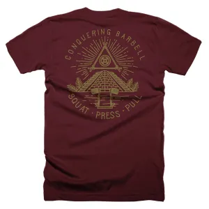 Powerluminati - The All Seeing Barbell - on Maroon Tee