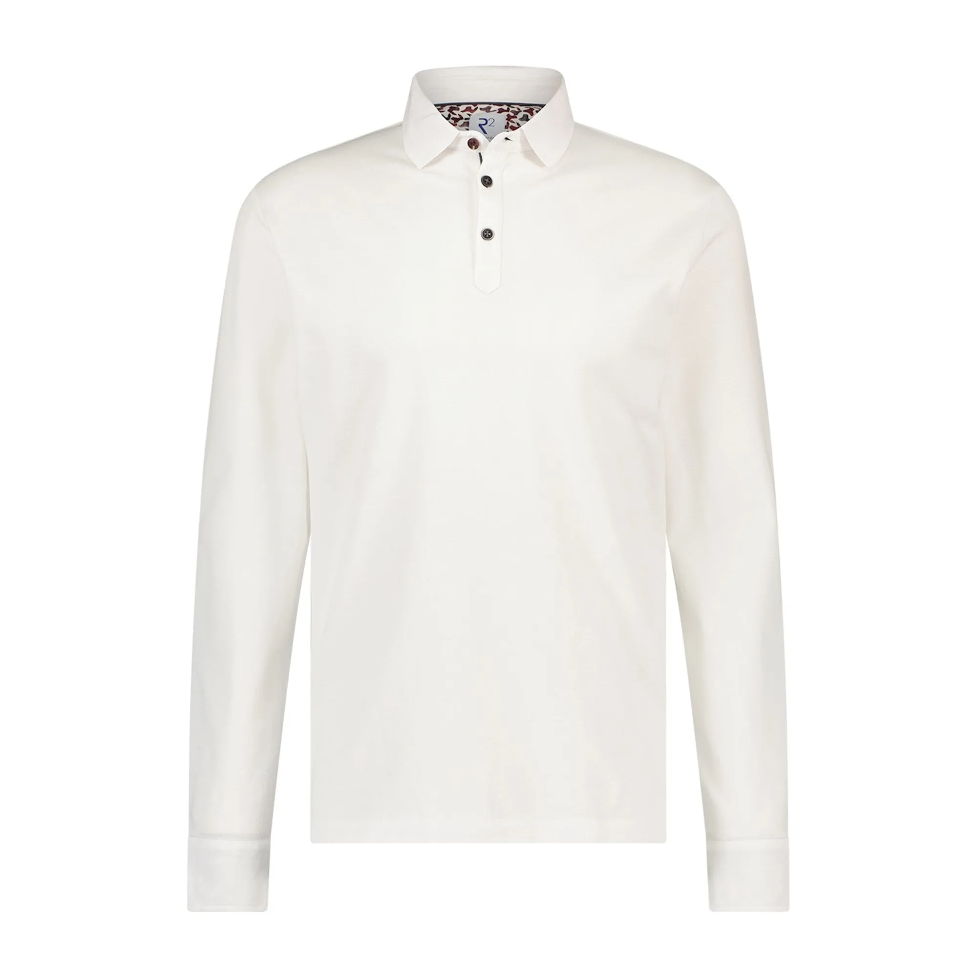 R2 Amsterdam White Pique Tipped Collar Long Sleeve Polo