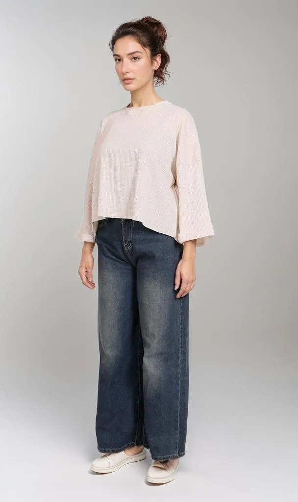 R205487-R205487 - Waffle Textured Cropped Top - Off White