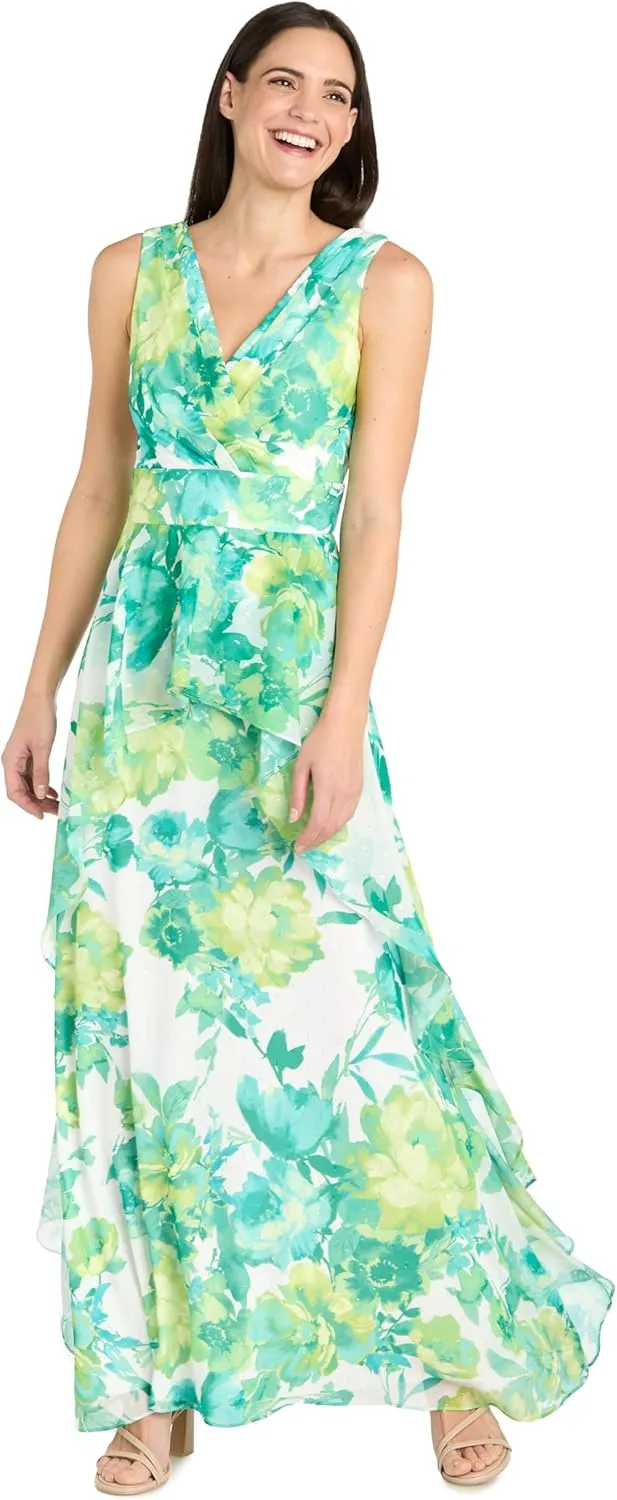 R&M Richards Long Chiffon Floral Printed Halter Dress W/Inverted High Low Ruffle Skirt