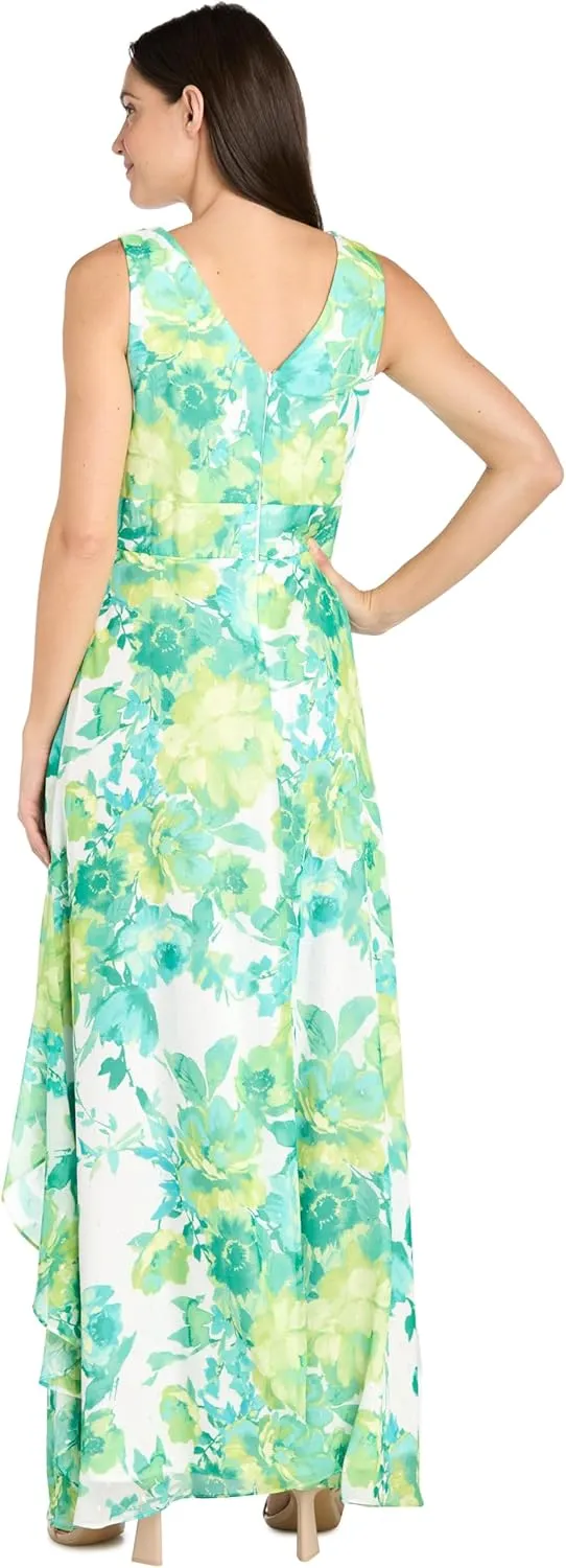 R&M Richards Long Chiffon Floral Printed Halter Dress W/Inverted High Low Ruffle Skirt