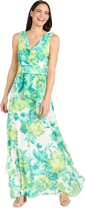 R&M Richards Long Chiffon Floral Printed Halter Dress W/Inverted High Low Ruffle Skirt