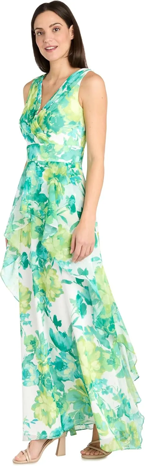 R&M Richards Long Chiffon Floral Printed Halter Dress W/Inverted High Low Ruffle Skirt