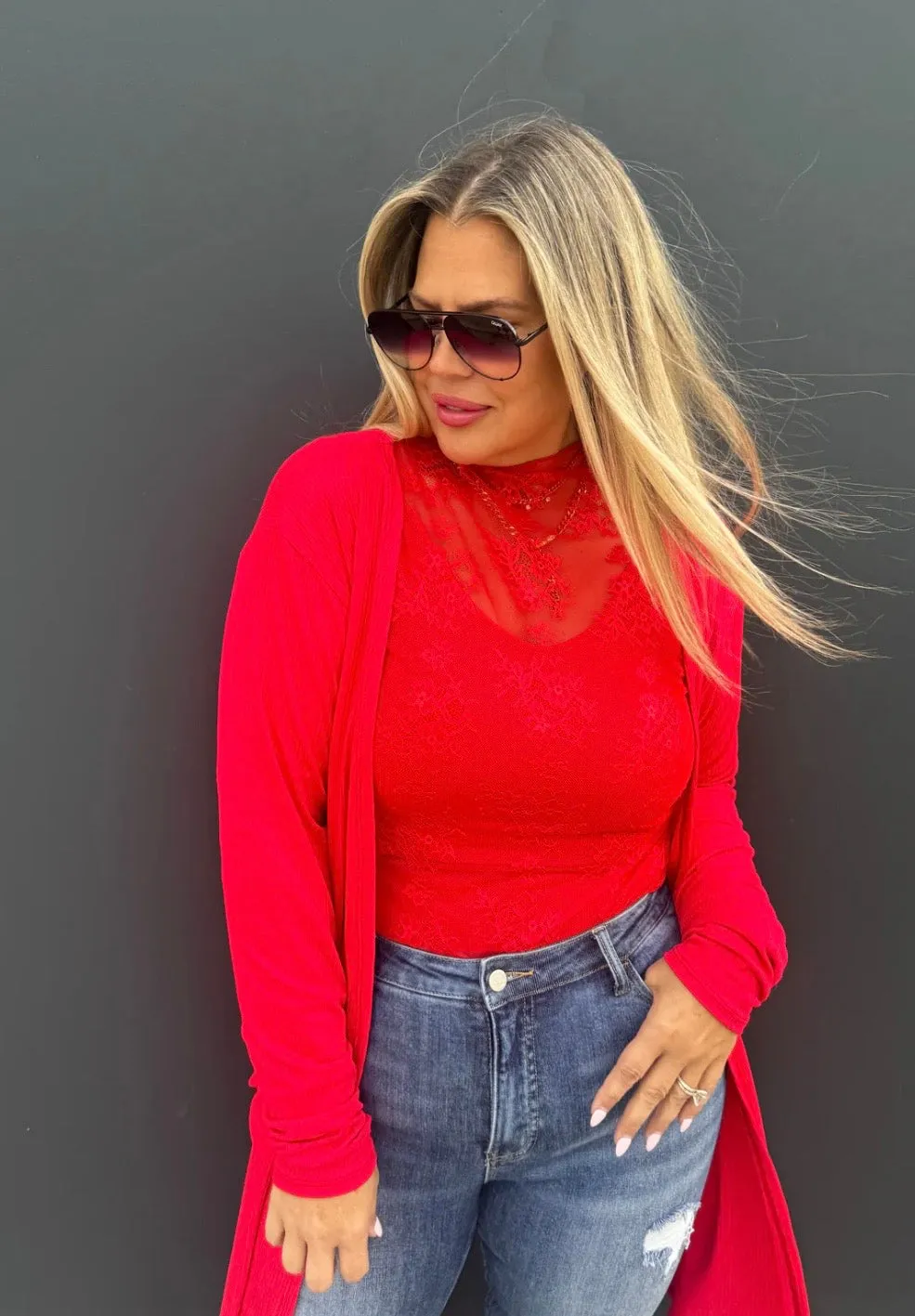 Red Ribbed Cardigan