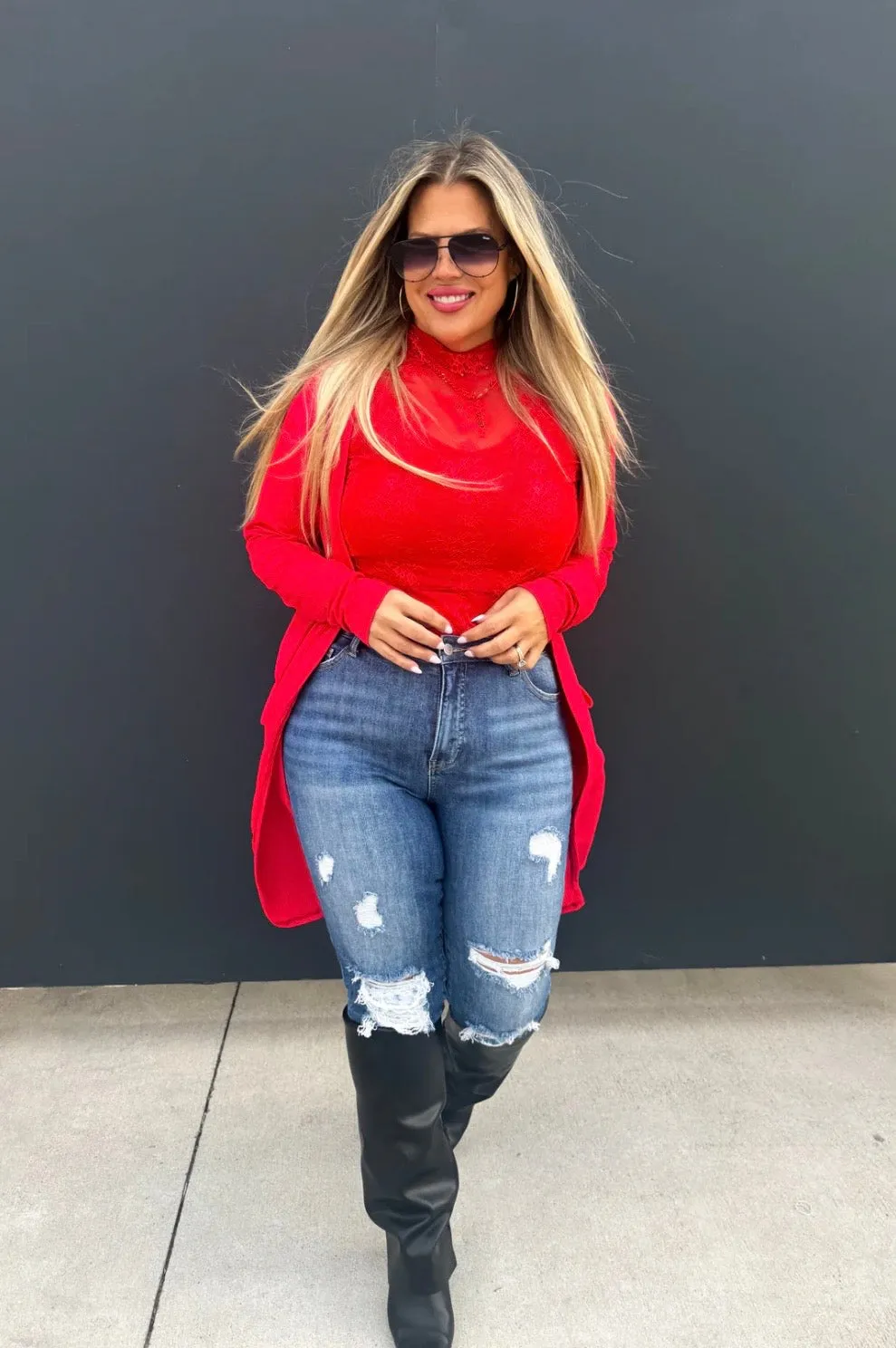 Red Ribbed Cardigan