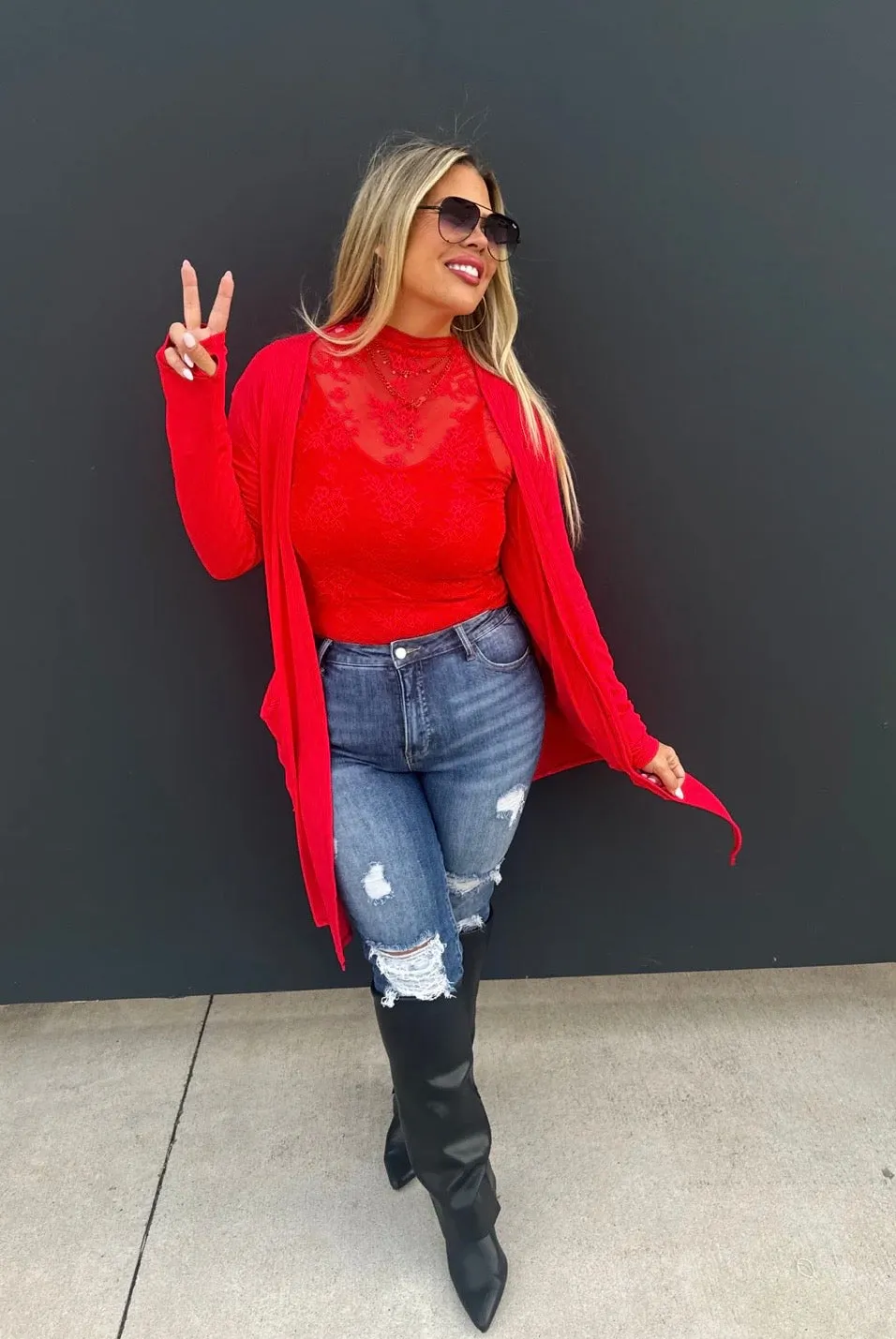 Red Ribbed Cardigan