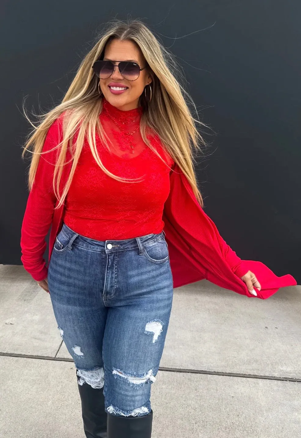 Red Ribbed Cardigan