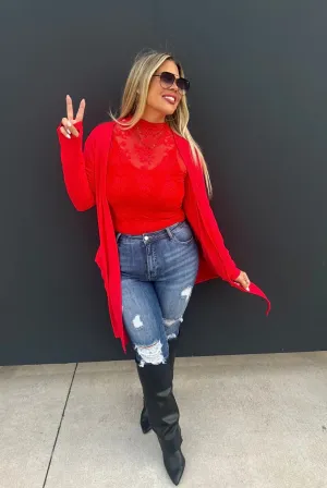 Red Ribbed Cardigan