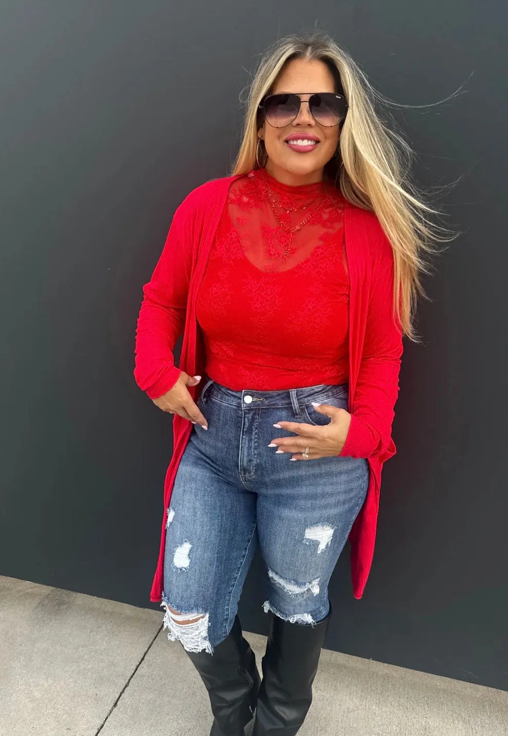 Red Ribbed Cardigan