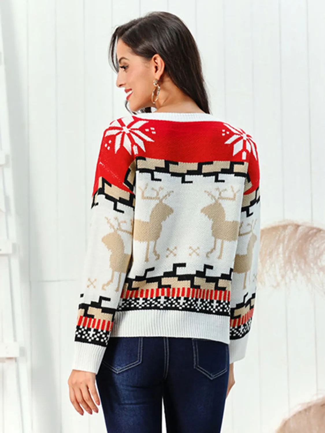 Reindeer Round Neck Sweater Christmas Sweater Womens Fashion Holiday Clothing Ugly Christmas Sweater Unisex Sweatshirt KESLEY