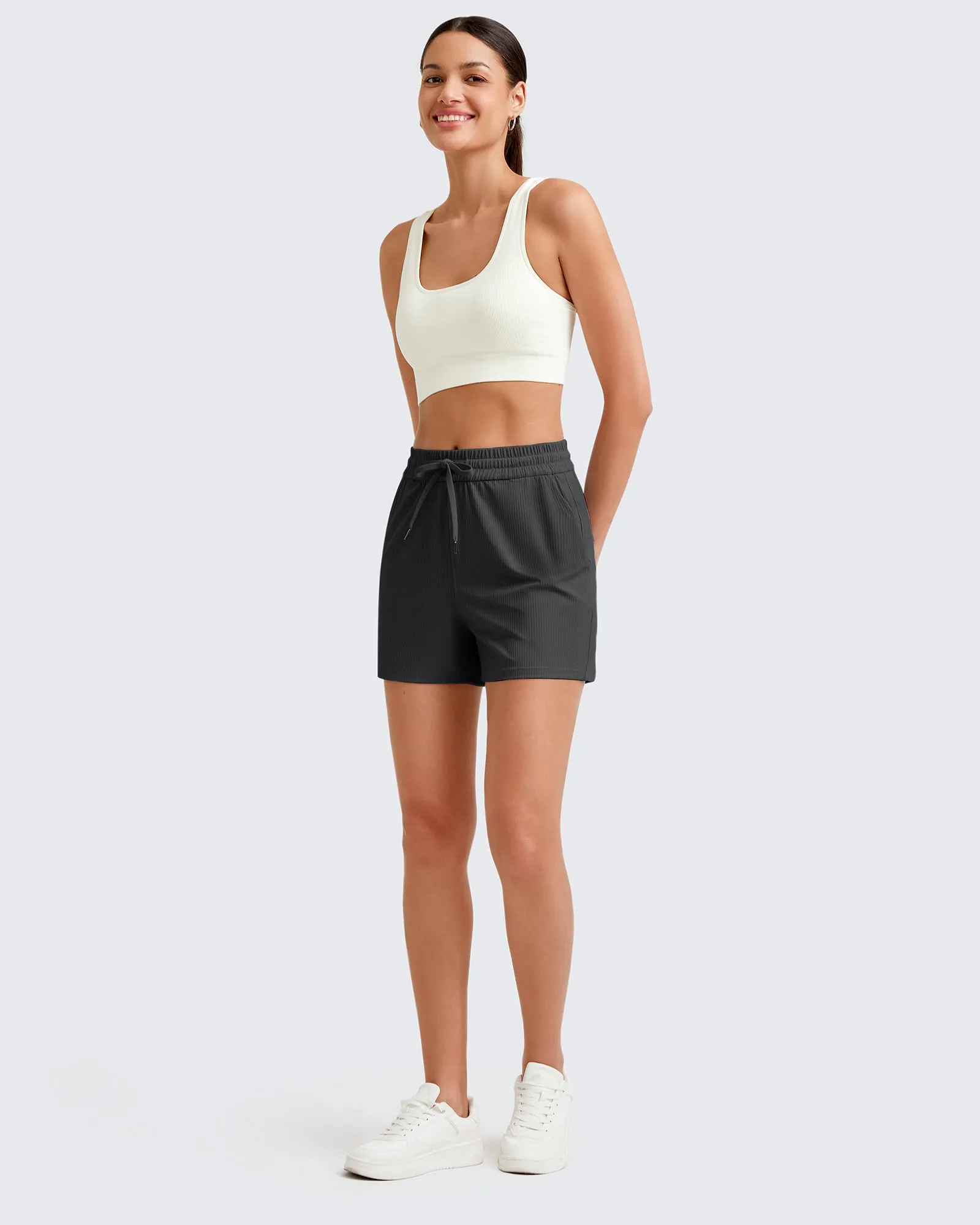 Ribbed Mid-Rise Drawstring Shorts