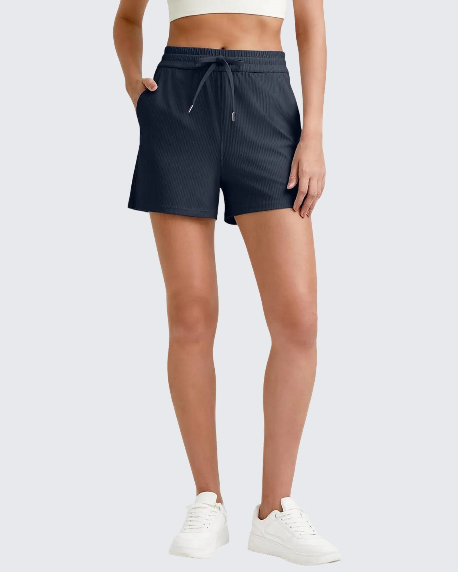 Ribbed Mid-Rise Drawstring Shorts