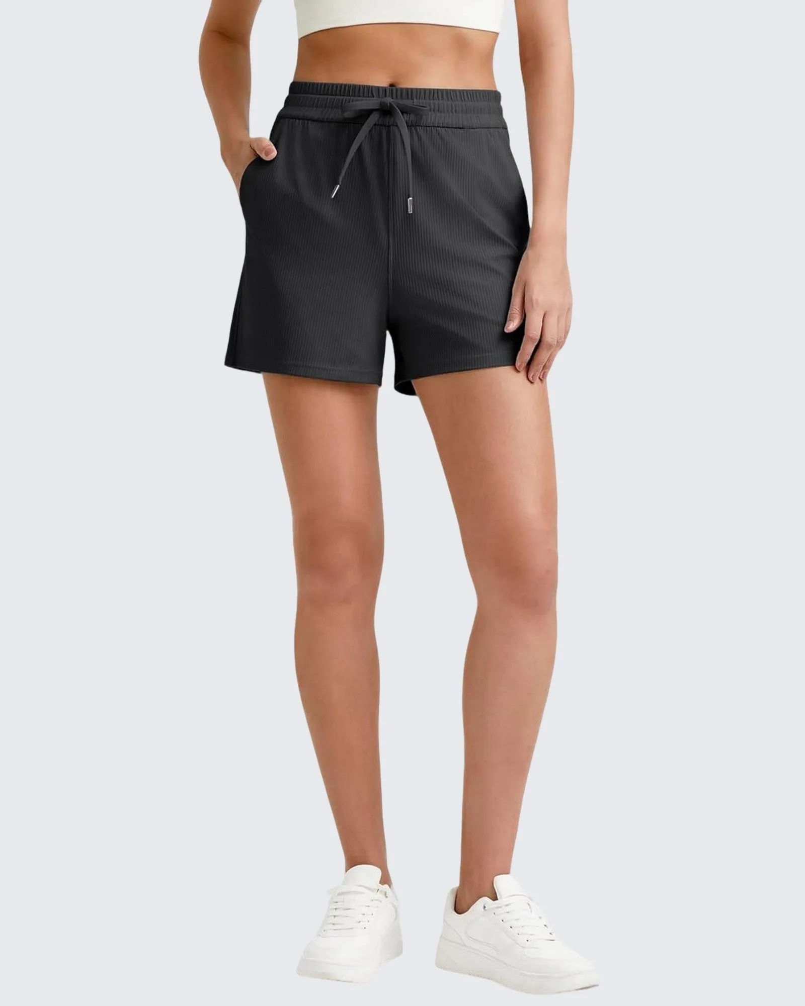 Ribbed Mid-Rise Drawstring Shorts
