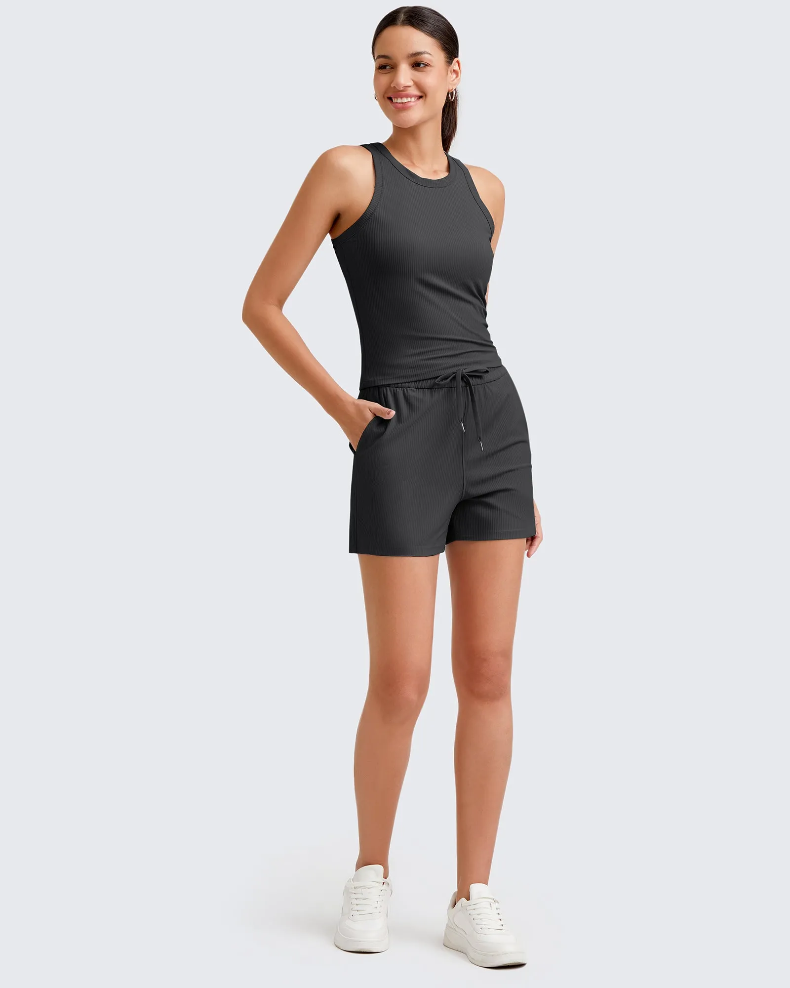 Ribbed Mid-Rise Drawstring Shorts