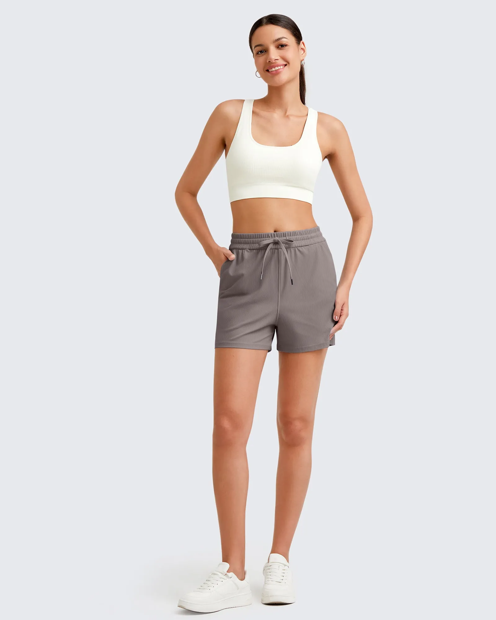 Ribbed Mid-Rise Drawstring Shorts