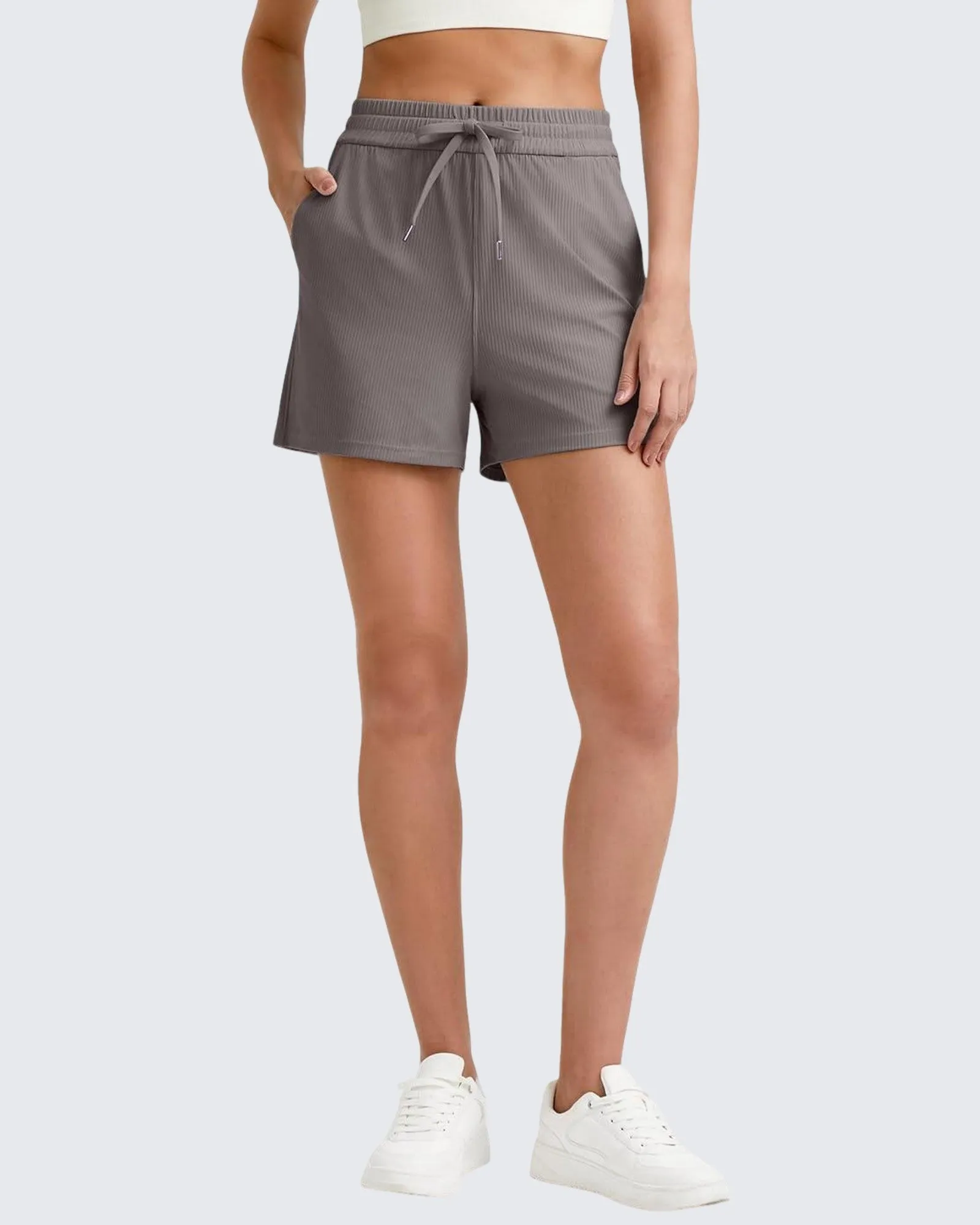 Ribbed Mid-Rise Drawstring Shorts
