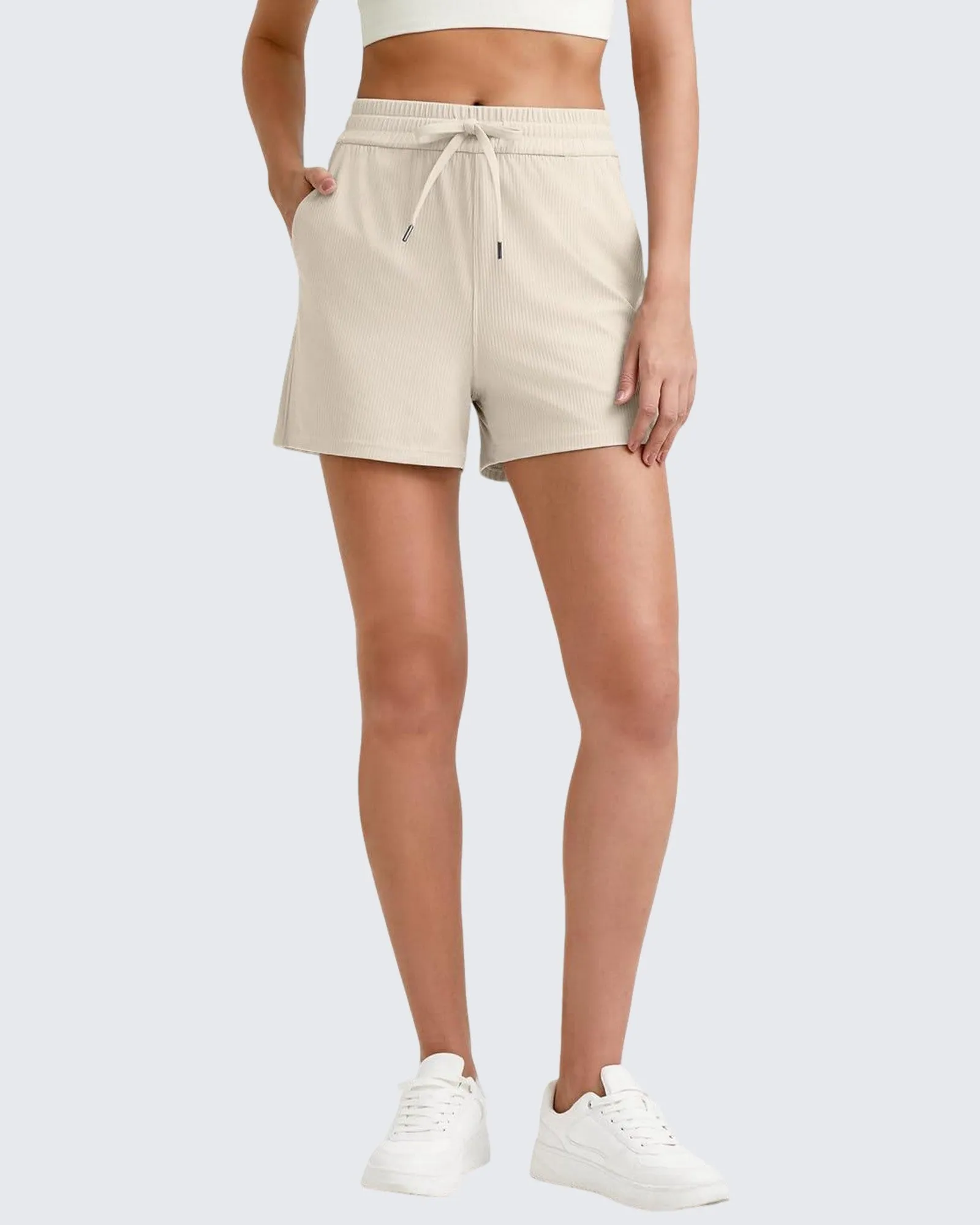 Ribbed Mid-Rise Drawstring Shorts