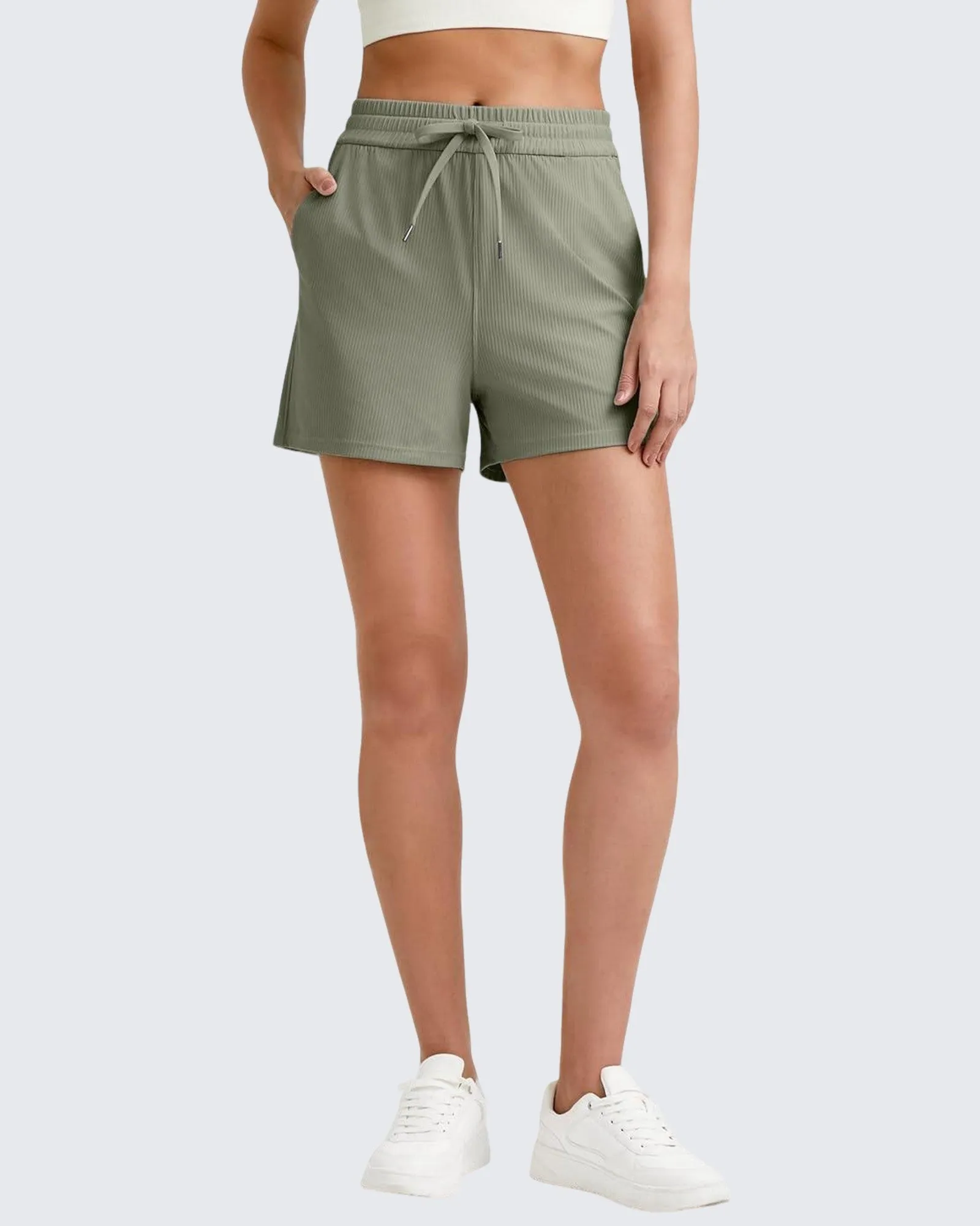 Ribbed Mid-Rise Drawstring Shorts