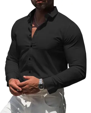 RPOVIG Men's Muscle Dress Shirts:Casual Button Down Long Sleeve Elasticity Athletic Fit Wrinkle-Free Shirt