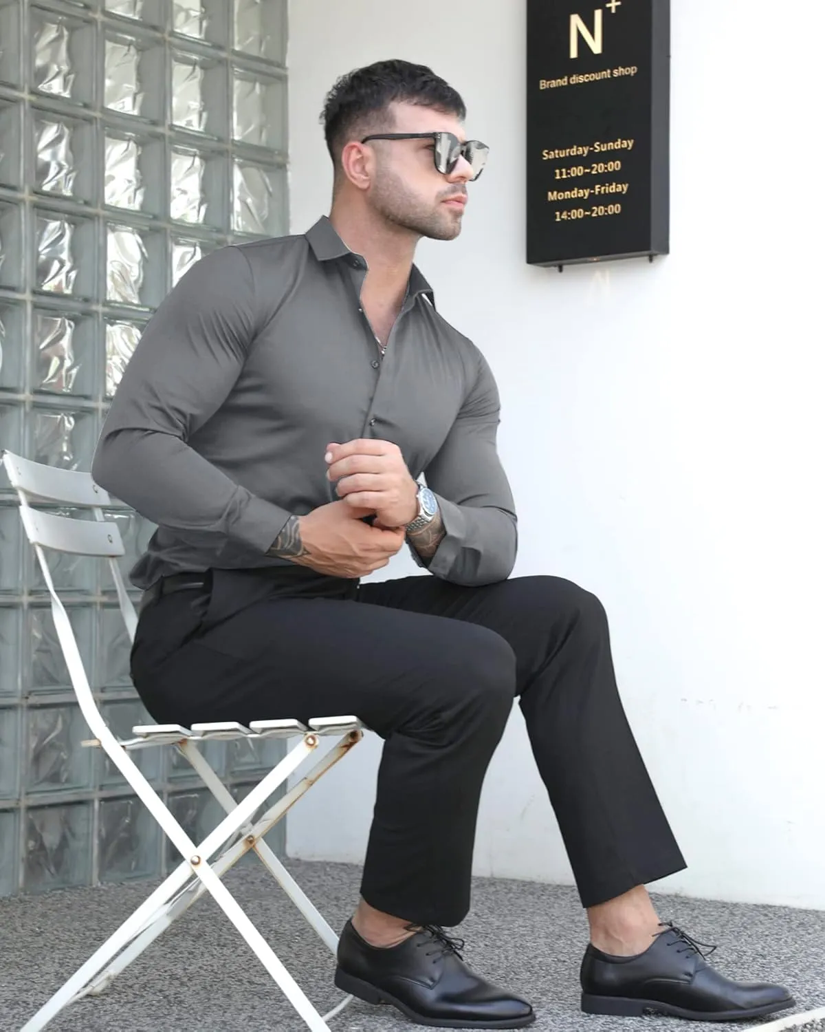 RPOVIG Men's Muscle Dress Shirts:Casual Button Down Long Sleeve Elasticity Athletic Fit Wrinkle-Free Shirt