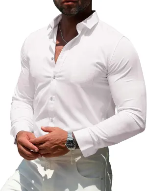 RPOVIG Men's Muscle Dress Shirts:Casual Button Down Long Sleeve Elasticity Athletic Fit Wrinkle-Free Shirt
