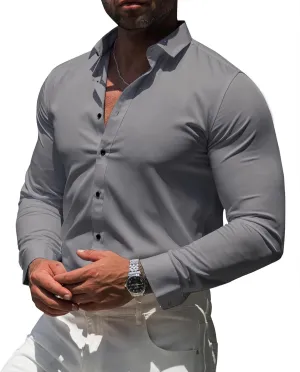 RPOVIG Men's Muscle Dress Shirts:Casual Button Down Long Sleeve Elasticity Athletic Fit Wrinkle-Free Shirt