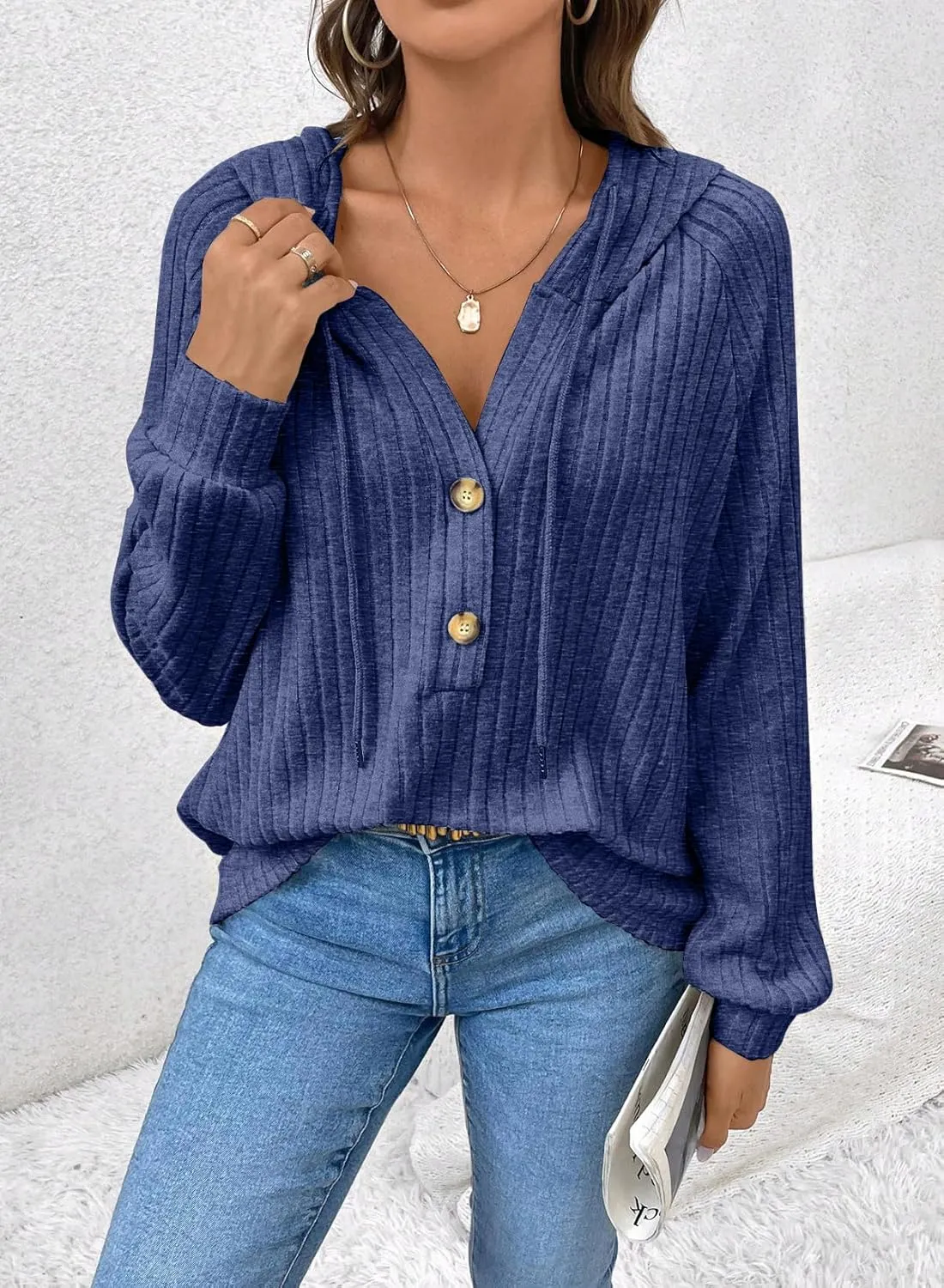 SHEWIN Women's Fashion Casual V Neck Sweaters Oversized Hoodies Sweatshirts Fall Tops for Women 2025