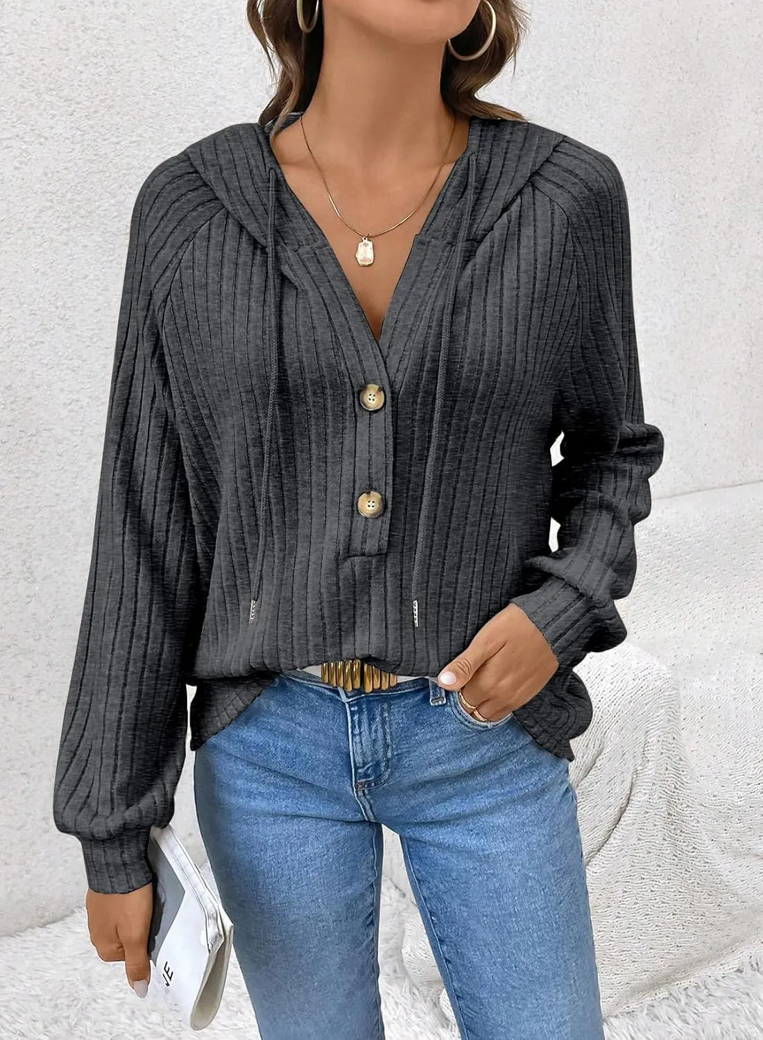 SHEWIN Women's Fashion Casual V Neck Sweaters Oversized Hoodies Sweatshirts Fall Tops for Women 2025