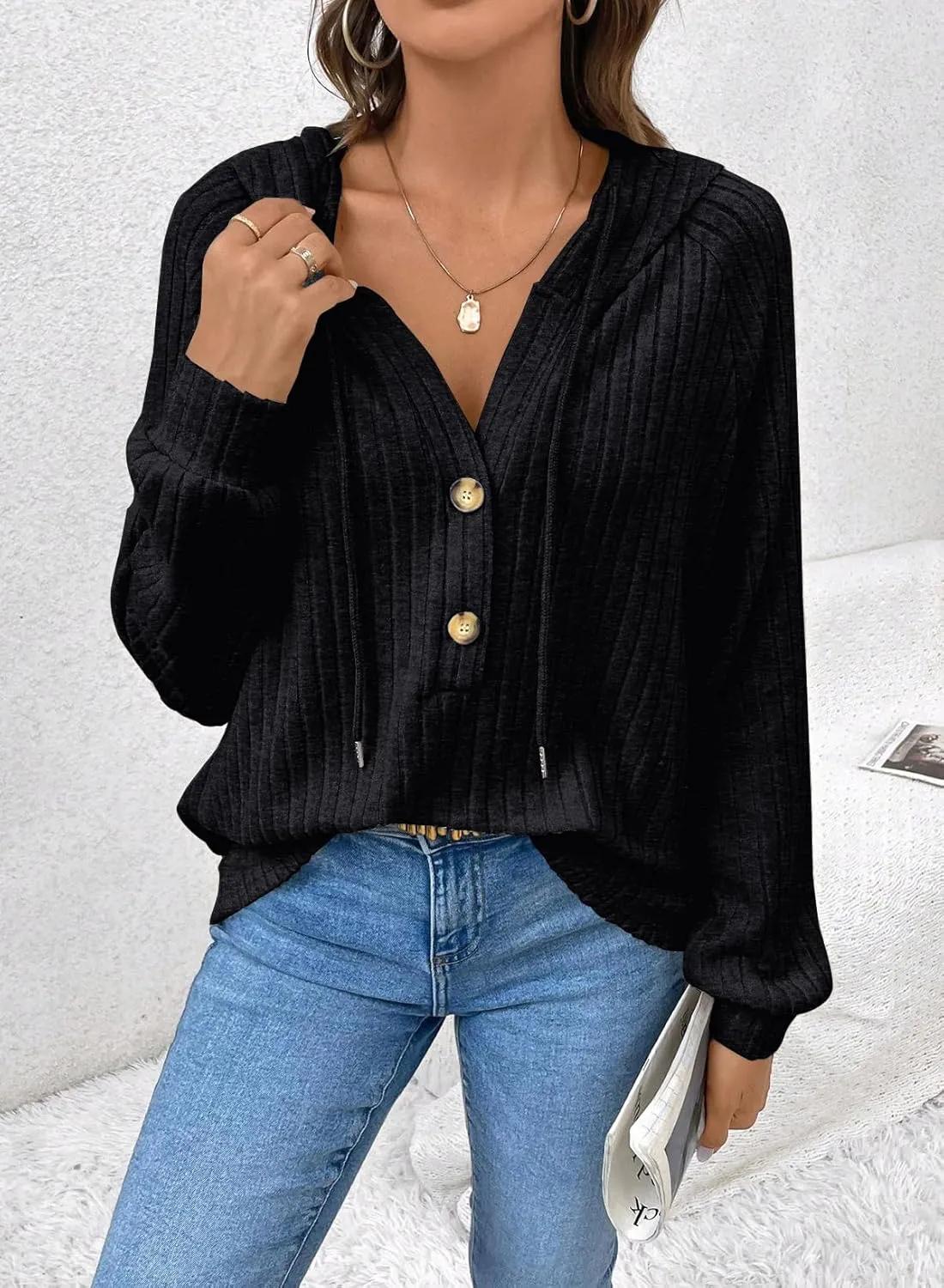 SHEWIN Women's Fashion Casual V Neck Sweaters Oversized Hoodies Sweatshirts Fall Tops for Women 2025