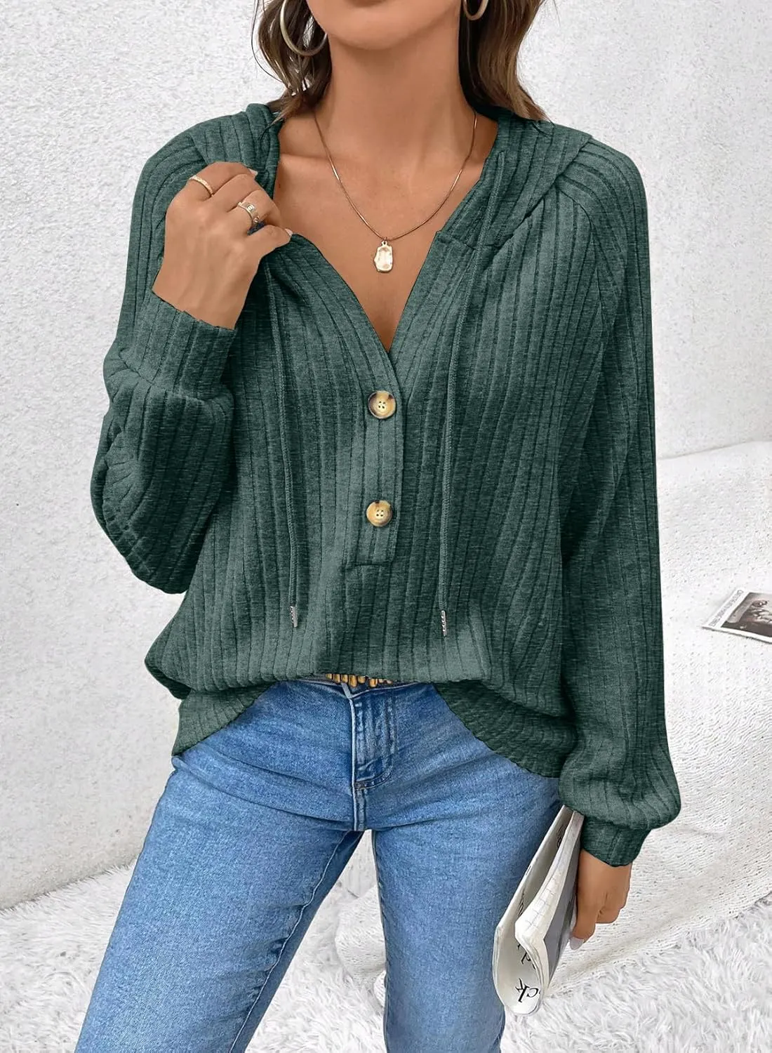 SHEWIN Women's Fashion Casual V Neck Sweaters Oversized Hoodies Sweatshirts Fall Tops for Women 2025