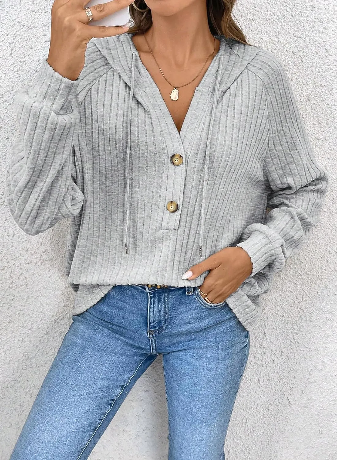 SHEWIN Women's Fashion Casual V Neck Sweaters Oversized Hoodies Sweatshirts Fall Tops for Women 2025
