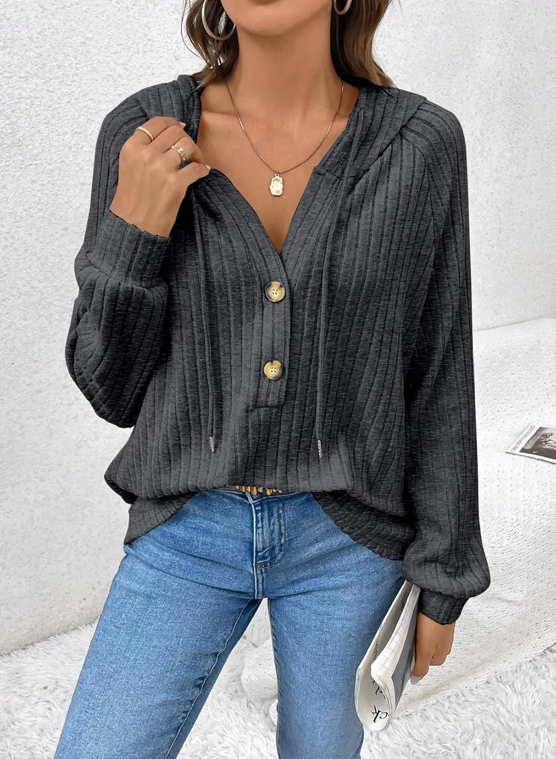 SHEWIN Women's Fashion Casual V Neck Sweaters Oversized Hoodies Sweatshirts Fall Tops for Women 2025