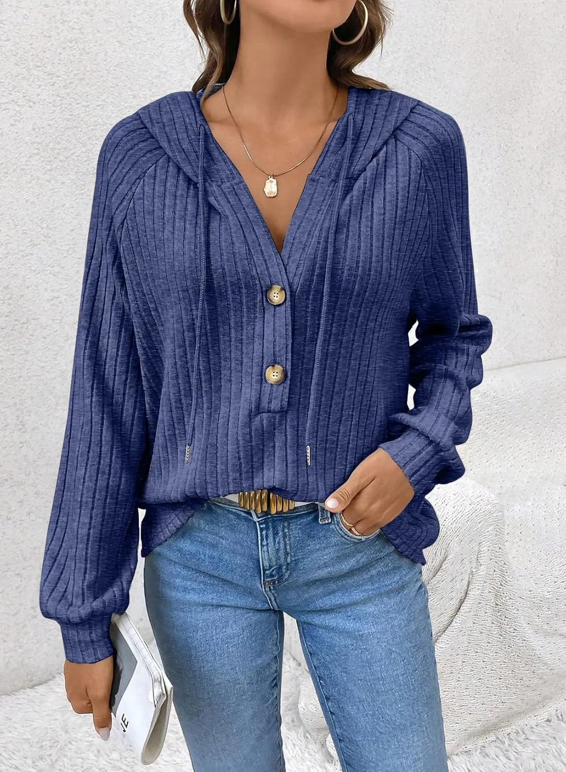 SHEWIN Women's Fashion Casual V Neck Sweaters Oversized Hoodies Sweatshirts Fall Tops for Women 2025