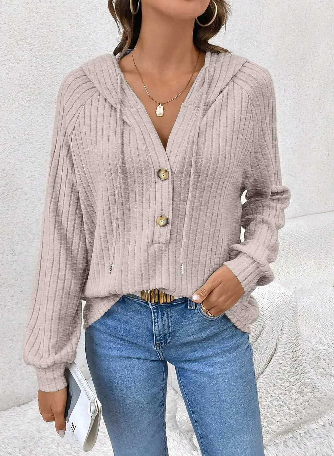 SHEWIN Women's Fashion Casual V Neck Sweaters Oversized Hoodies Sweatshirts Fall Tops for Women 2025