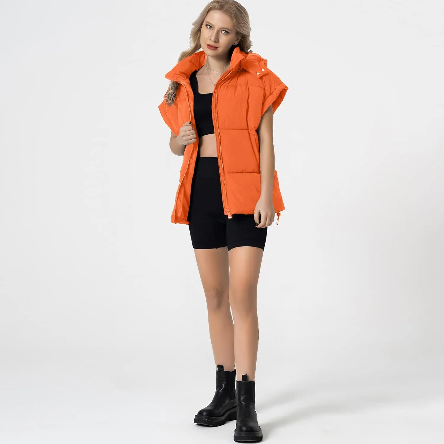 Shiyifa Womens Oversized Puffer Vest Sleeveless Lightweight Zip Up Padded Gilet Warm Coat Outwear with Detachable Hood