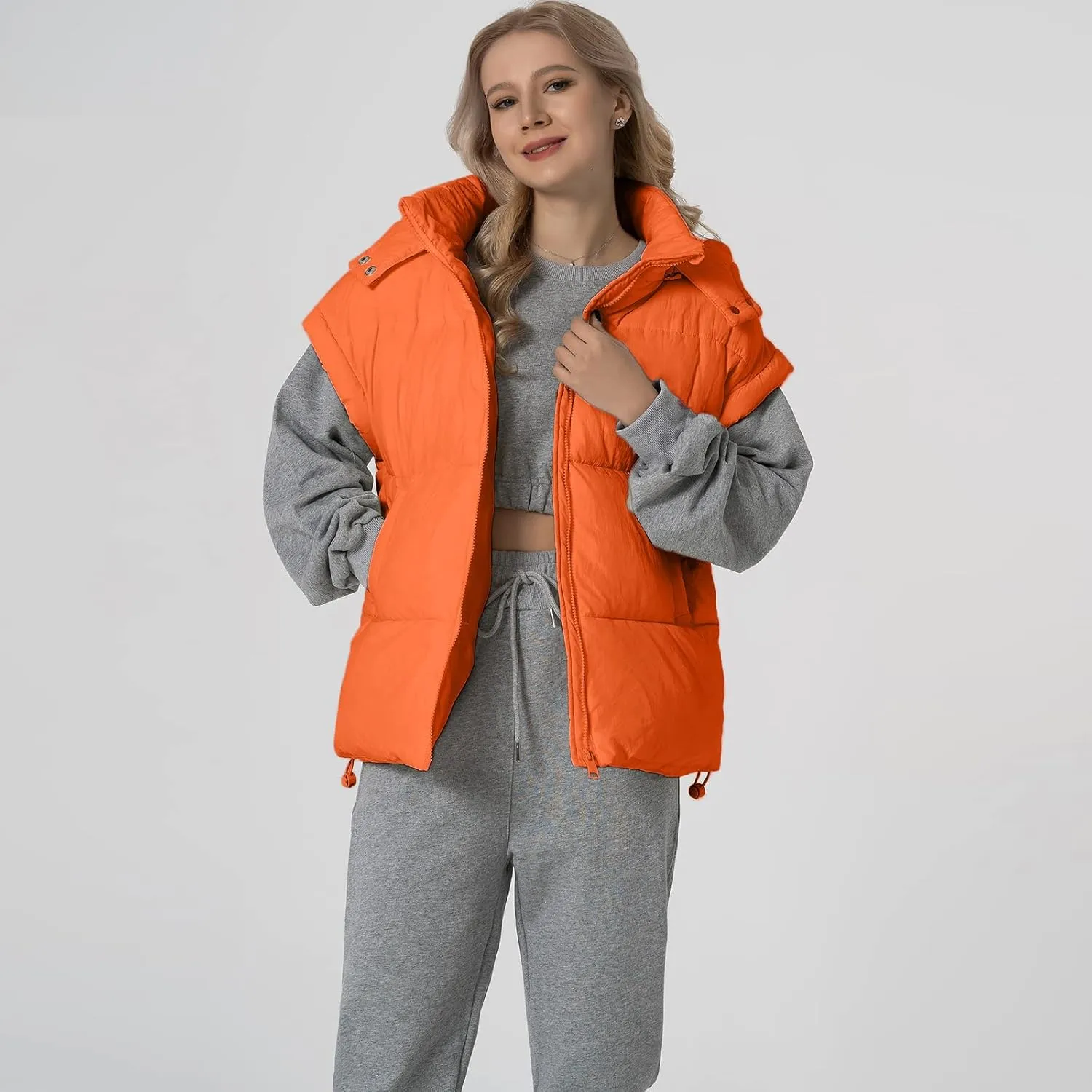 Shiyifa Womens Oversized Puffer Vest Sleeveless Lightweight Zip Up Padded Gilet Warm Coat Outwear with Detachable Hood