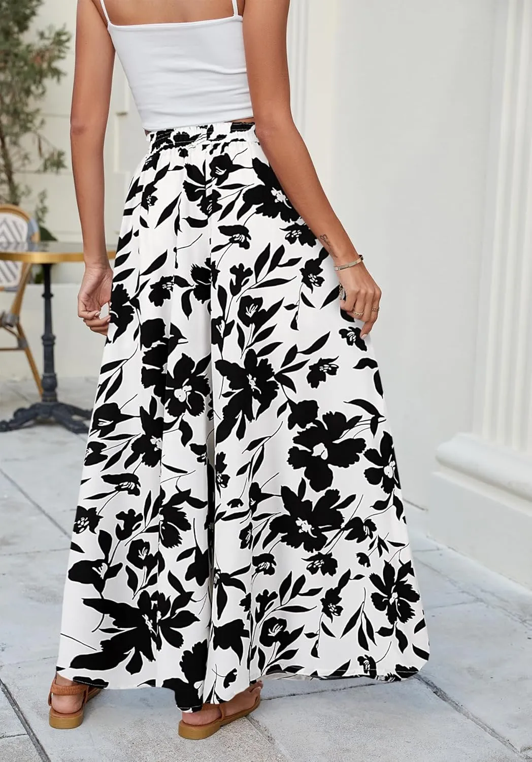 SimpleFun Women's Palazzo Pants Boho Floral Wide Leg Trousers Summer Beach High Waisted Flowy Pants with Pockets