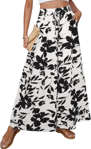 SimpleFun Women's Palazzo Pants Boho Floral Wide Leg Trousers Summer Beach High Waisted Flowy Pants with Pockets