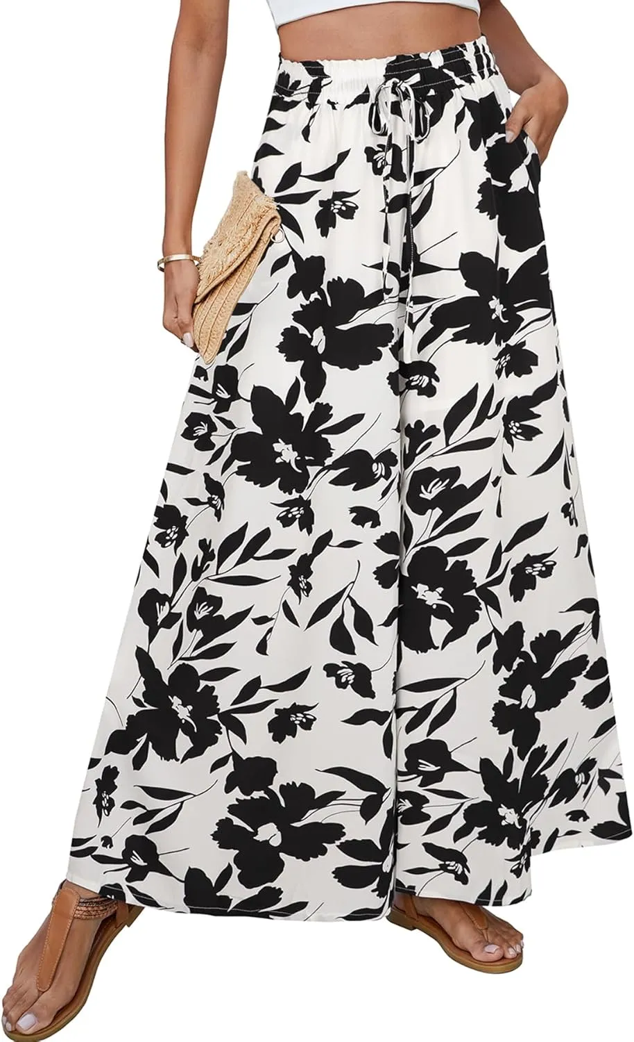 SimpleFun Women's Palazzo Pants Boho Floral Wide Leg Trousers Summer Beach High Waisted Flowy Pants with Pockets