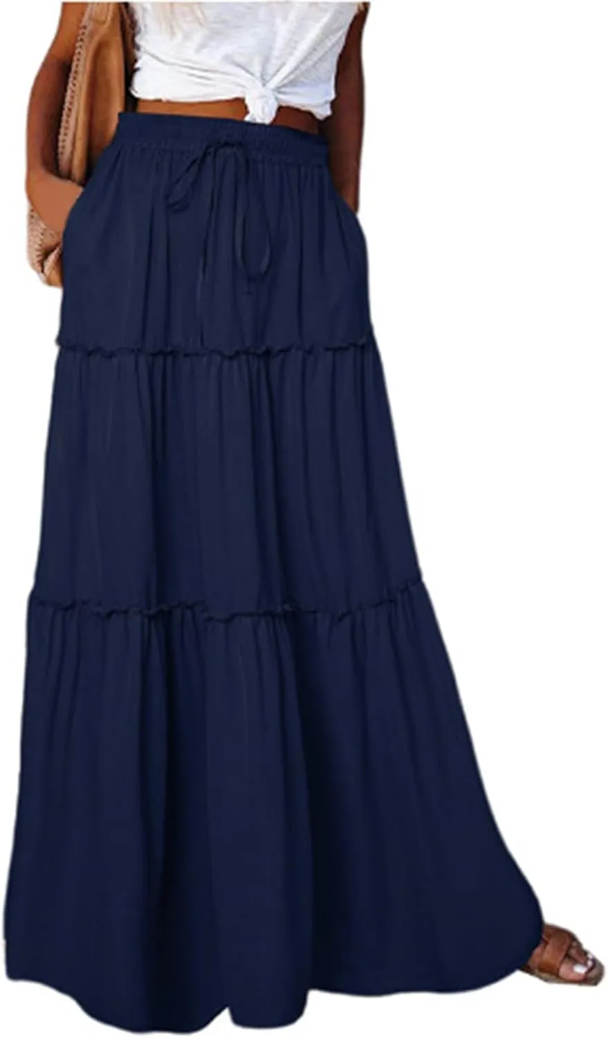 Skirts for Women,Elastic High Waisted Flowy Long Skirts 2025 Trendy Linen Womens Boho Maxi Skirt with Pockets