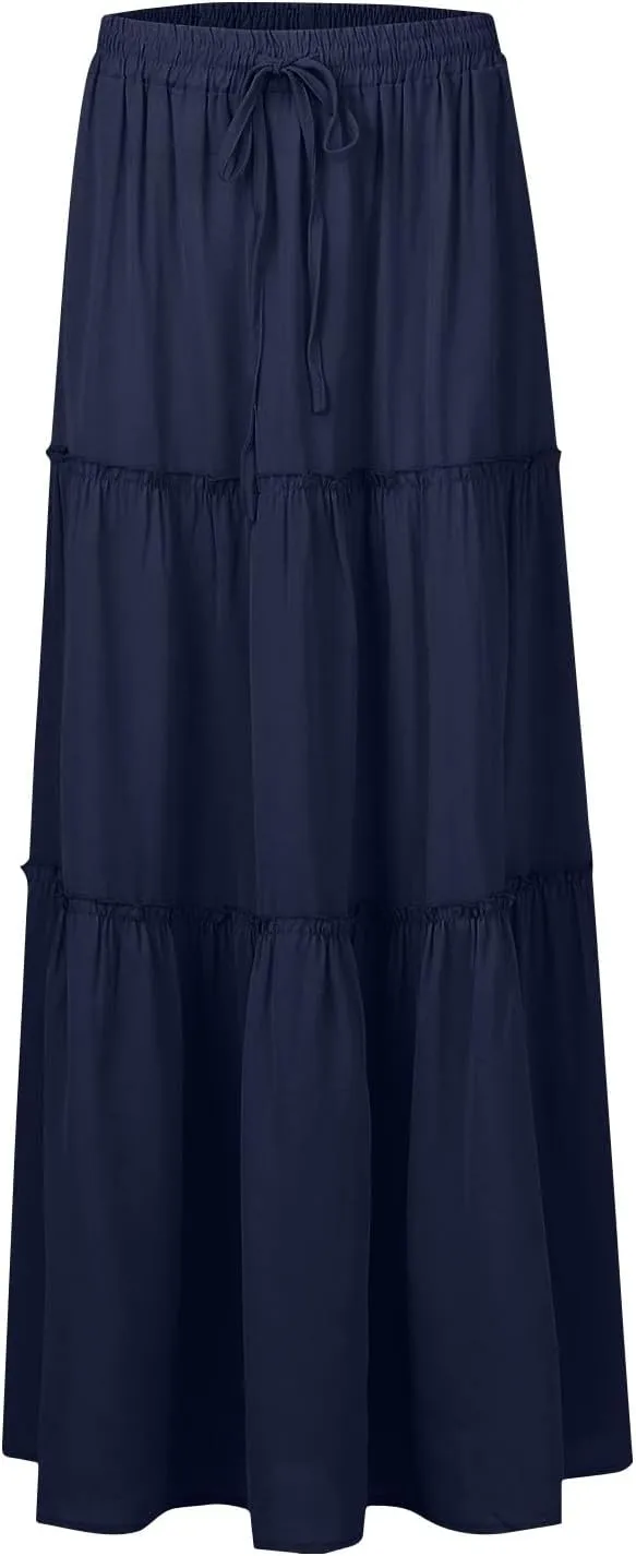Skirts for Women,Elastic High Waisted Flowy Long Skirts 2025 Trendy Linen Womens Boho Maxi Skirt with Pockets