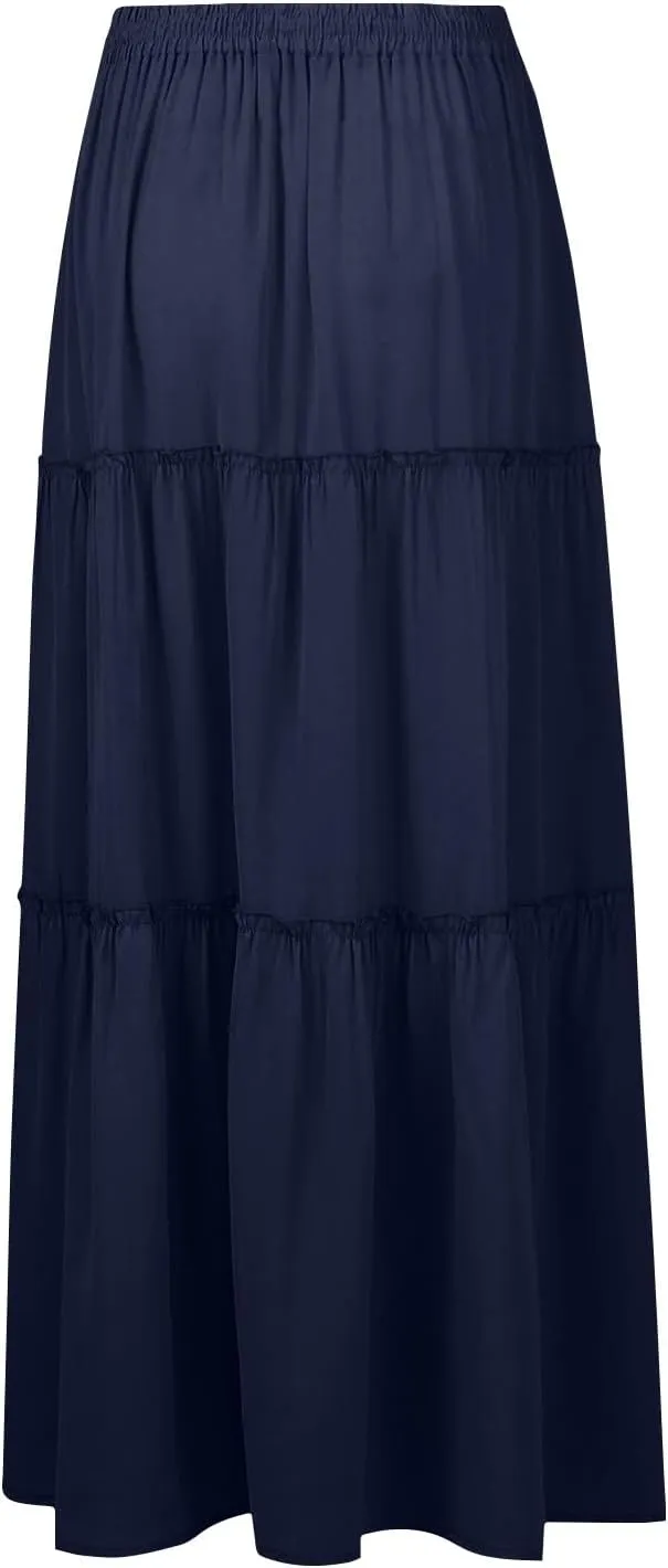 Skirts for Women,Elastic High Waisted Flowy Long Skirts 2025 Trendy Linen Womens Boho Maxi Skirt with Pockets