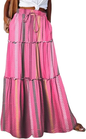 Skirts for Women,Flowy Long Skirts 2025 Pleated Womens Boho Maxi Skirt with Pockets Elastic High Waisted Summer
