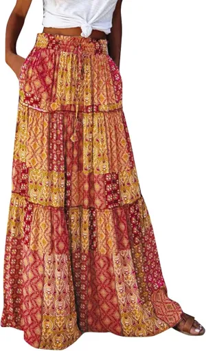 Skirts for Women,Flowy Long Skirts 2025 Pleated Womens Boho Maxi Skirt with Pockets Elastic High Waisted Summer