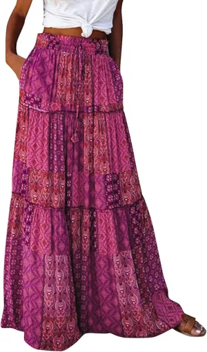 Skirts for Women,Trendy Womens Boho Maxi Skirt with Pockets Linen Flowy Long Skirts 2025 Elastic High Waisted