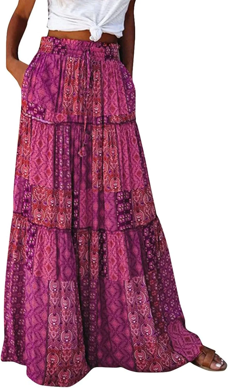 Skirts for Women,Trendy Womens Boho Maxi Skirt with Pockets Linen Flowy Long Skirts 2025 Elastic High Waisted