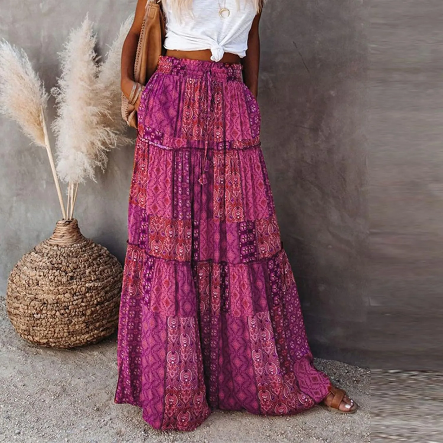 Skirts for Women,Trendy Womens Boho Maxi Skirt with Pockets Linen Flowy Long Skirts 2025 Elastic High Waisted