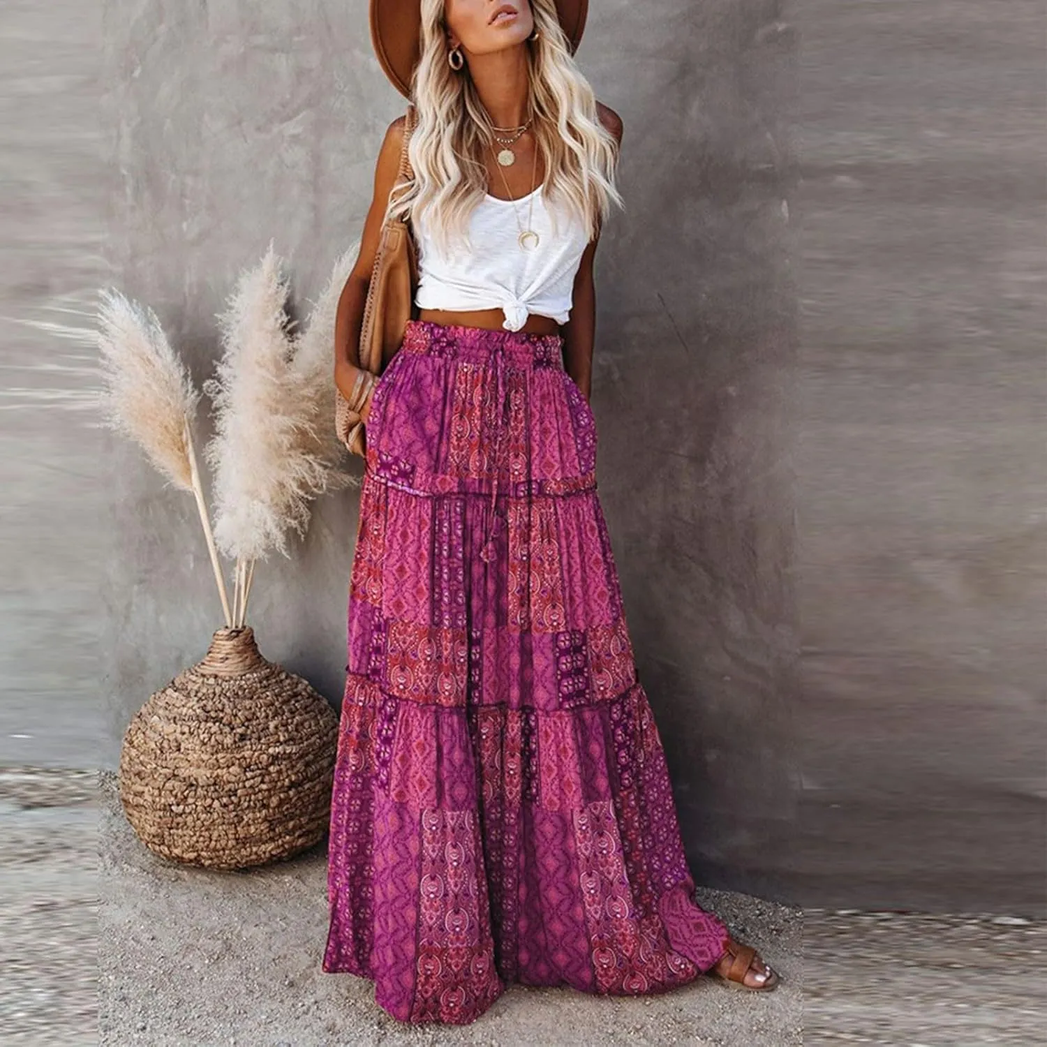 Skirts for Women,Trendy Womens Boho Maxi Skirt with Pockets Linen Flowy Long Skirts 2025 Elastic High Waisted