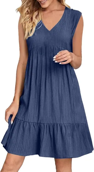 Summer Dresses for Women 2025 Vacation Sleeveless v Neck Mini T Shirt Dress Pleated Ruffle Flowy Beach Sundresses