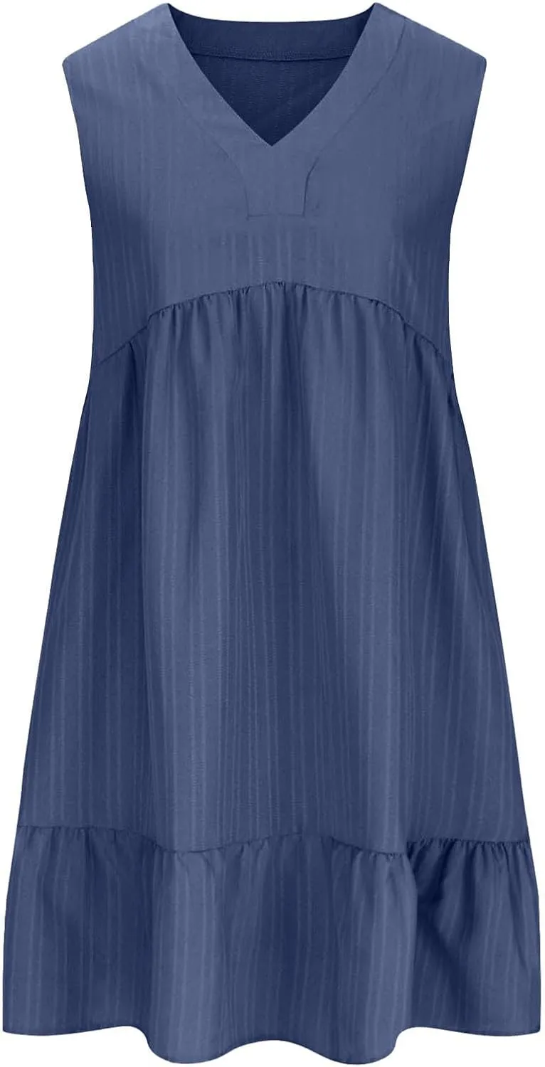 Summer Dresses for Women 2025 Vacation Sleeveless v Neck Mini T Shirt Dress Pleated Ruffle Flowy Beach Sundresses